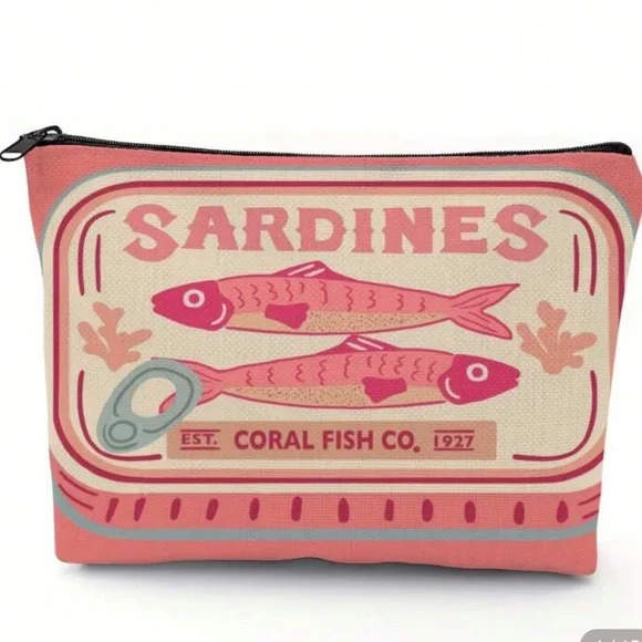 New Pink and Cream Sardines Make Up Carryall Canvas Zip Top Pouch OS - Picture 6 of 15